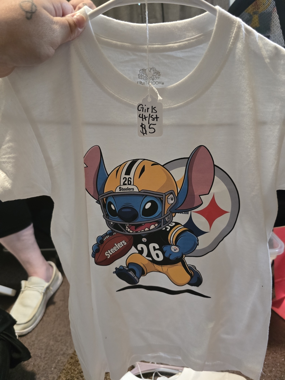 Fruit of the Loom Girls White Pittsburgh Steelers Stitch Football T-Shirt